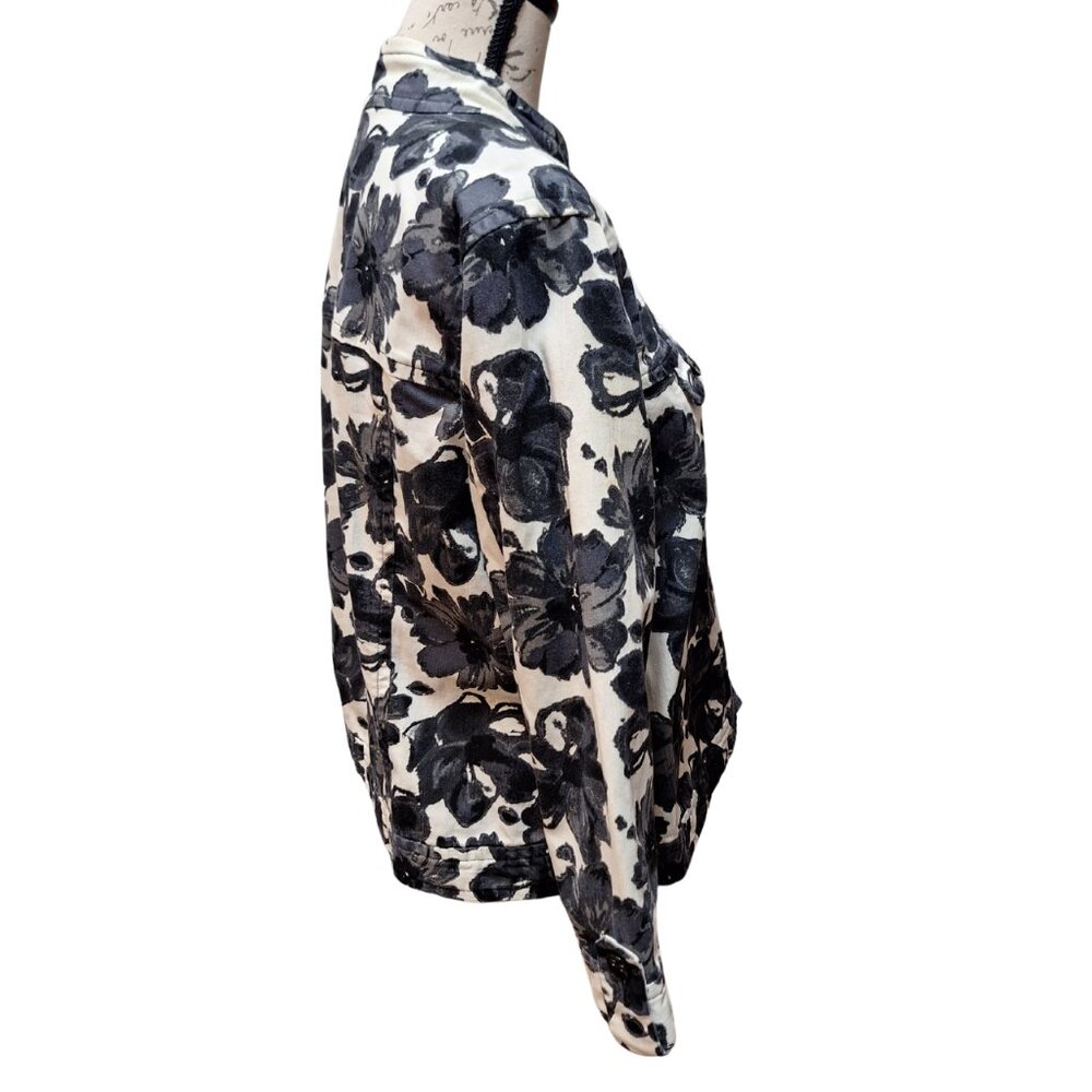 Womens‎ Black & White Floral Denim Jacket Large - Retro 90s Cottage Preppy - Picture 5 of 9